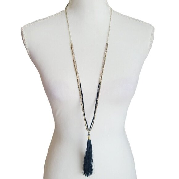 Nakamol Dainty Beaded Double Strand Necklace Black Tassel Faceted Glass Beads - Picture 2 of 10